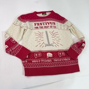 Seinfeld Ugly Sweater Men Medium Festivus for the Rest of Us Holdiay Red Cream